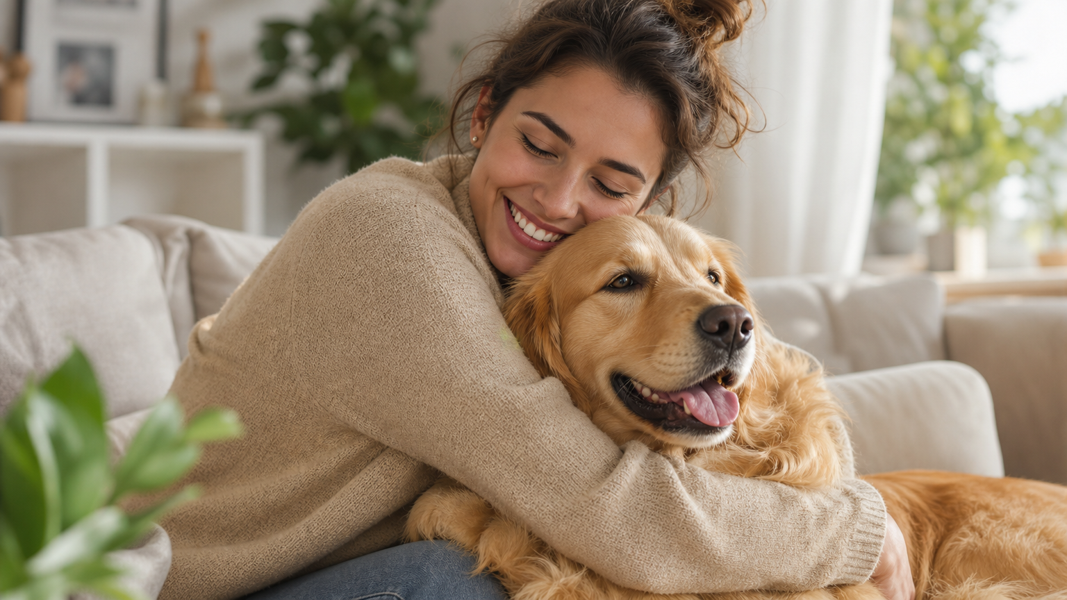 Woman relaxing on a couch with her golden retriever