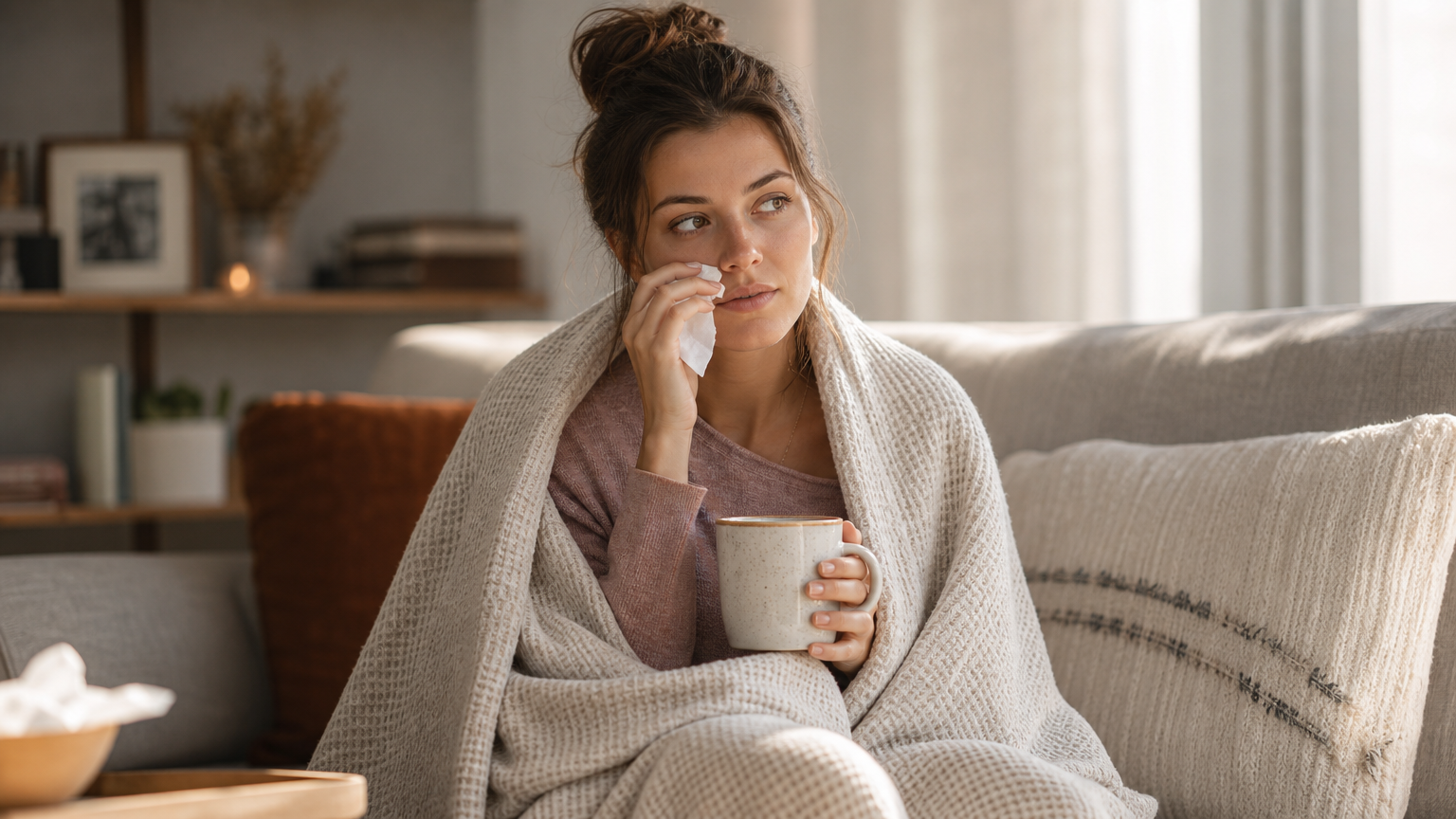 Woman wrapped in a blanket holding a tissue and a warm mug