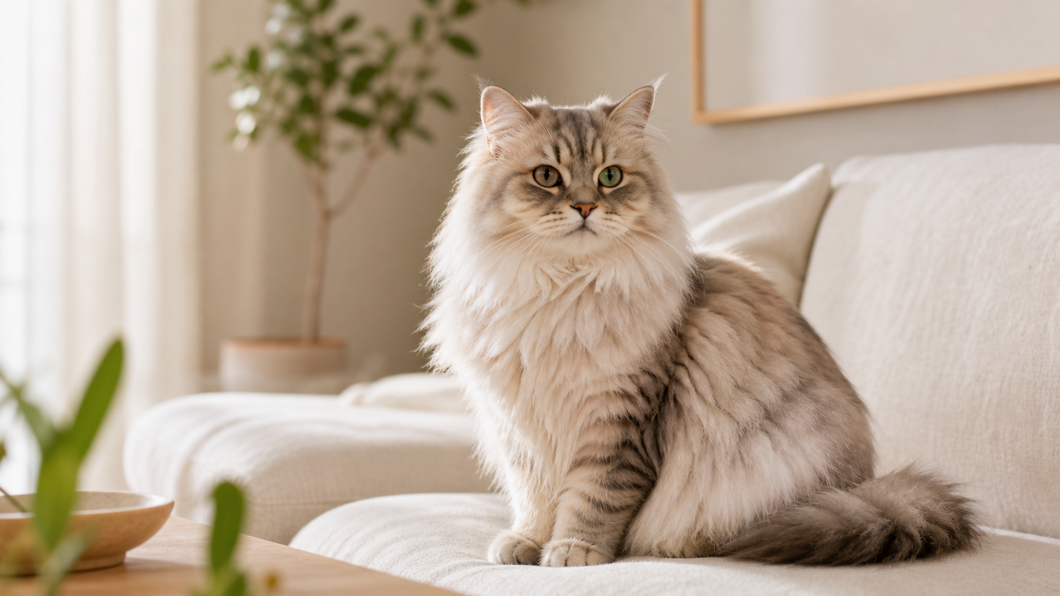 Fluffy Siberian cat sitting on a light-colored sofa