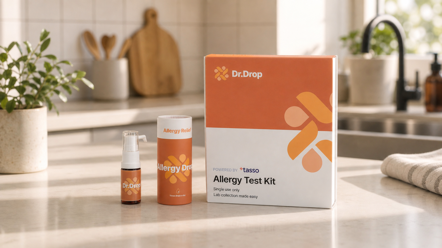 At-home allergy test kit with a dropper and collection tube on a kitchen counter