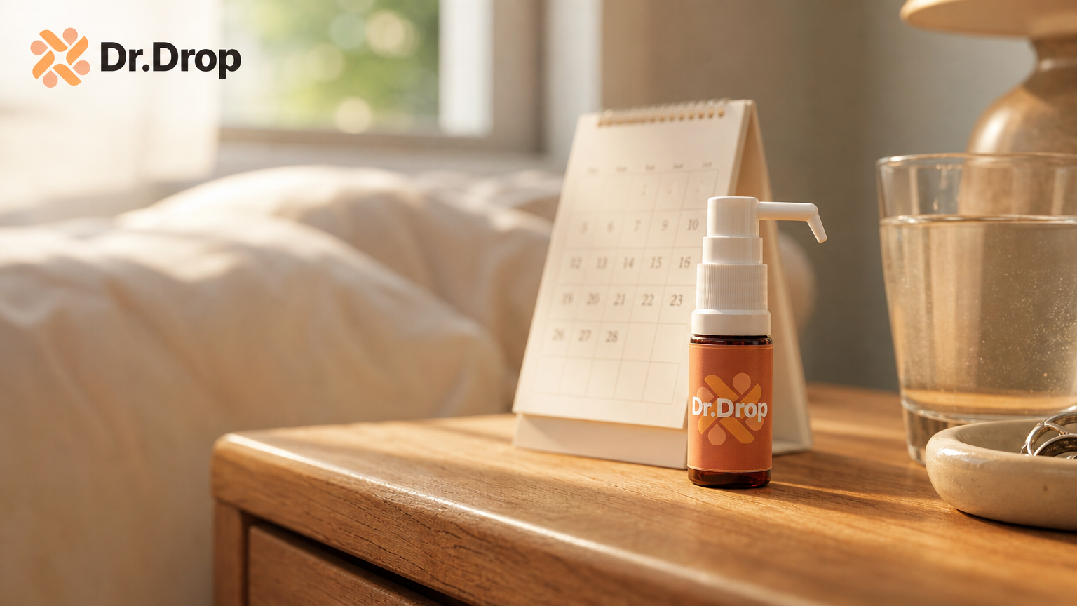 Allergy drop bottle beside a calendar and a glass of water on a nightstand