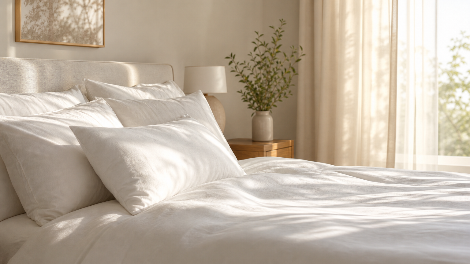 Crisp white bedding in a bright, sunlit bedroom