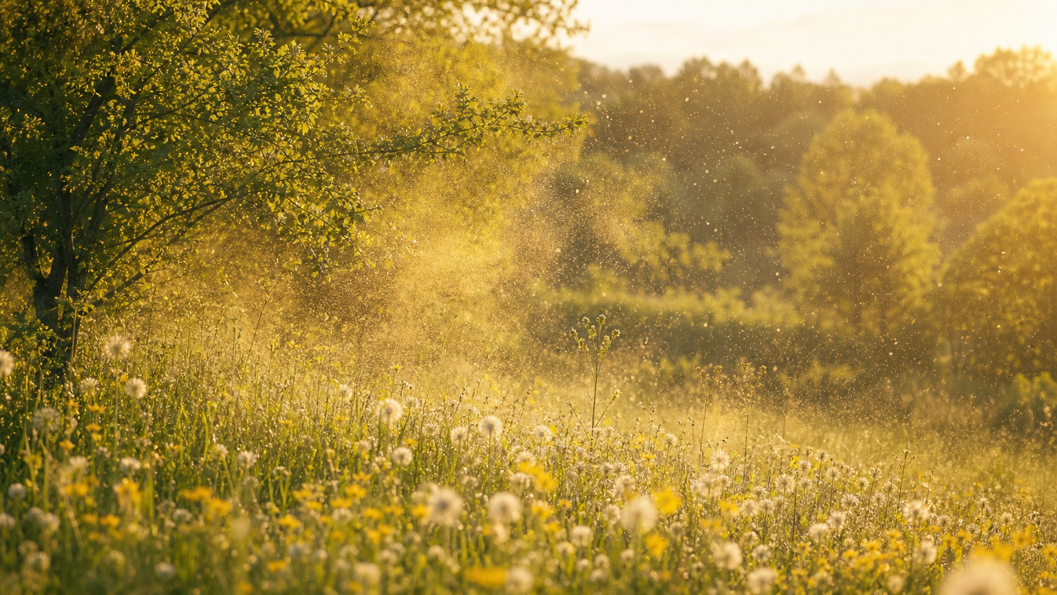 Golden pollen drifting across a blooming spring meadow